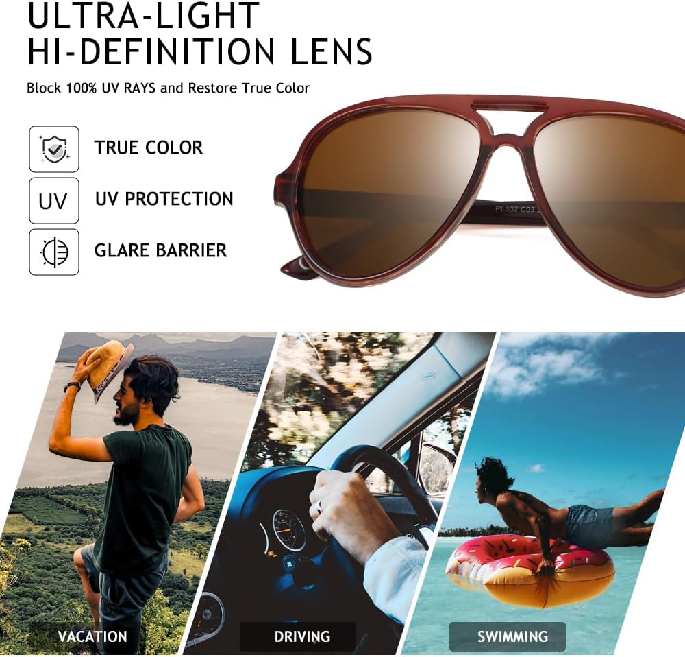 2 Pack Aviator Sunglasses For Men Polarized Lens Plastic Lightweight Double Bridge Frame UV Protection For Driving Matte Black Frame/Smoke Lens+Transculent Brown Frame/Brown Lens - Image 6