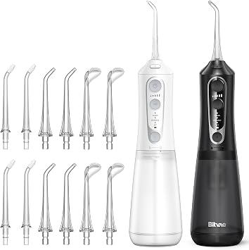 Bitvae Water Dental flosser for Teeth, 2 Cordless Water Teeth Cleaner Picks for Travel with 6 Jet Tips, 3 Modes 5 intensities, IPX7 Waterproof USB Rechargeable Oral Irrigator Cleaner, Black & White
