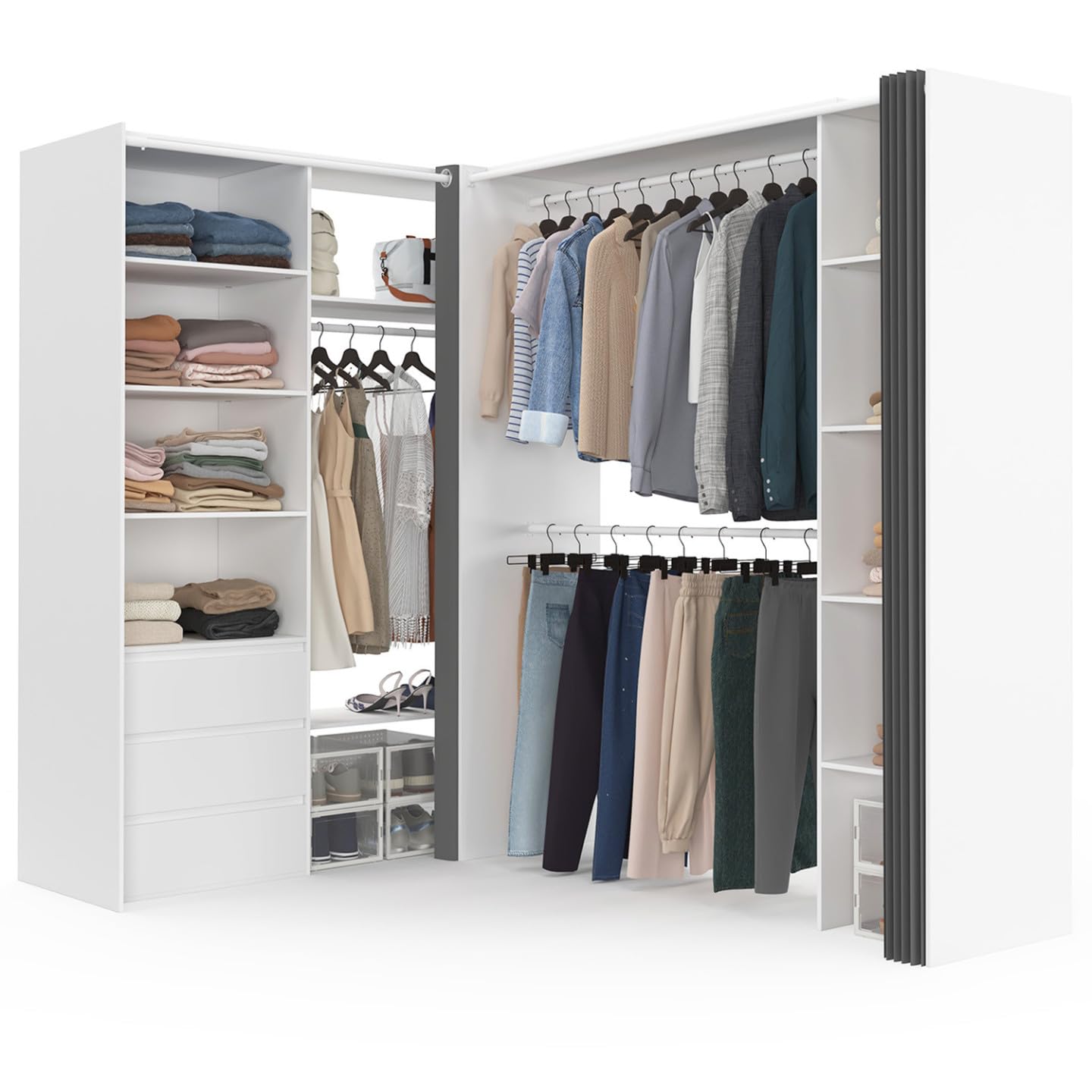 IDMarket - Dressing extensible d'angle MARLON 200 x 150 x 180 cm blanc avec penderies + tiroirs + étagères + rideaux gris
