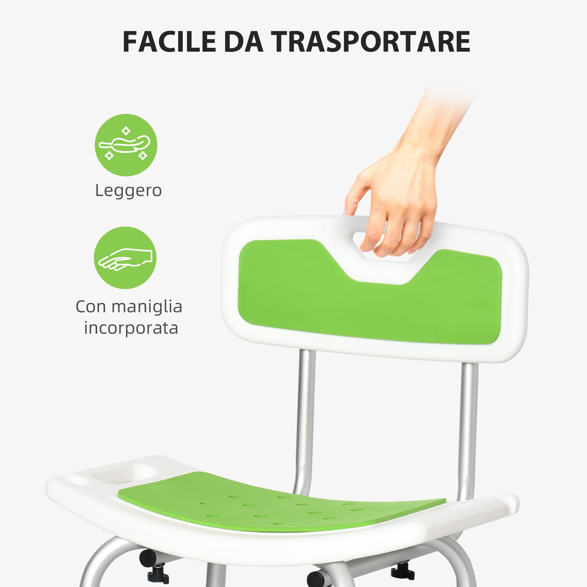 HOMCOM Sedia per Doccia in Alluminio ed EVA con Altezza Regolabile su 6 Livelli e Schienale Ricurvo, 51.5x49.5x68.5-81 cm, Verde e Bianco