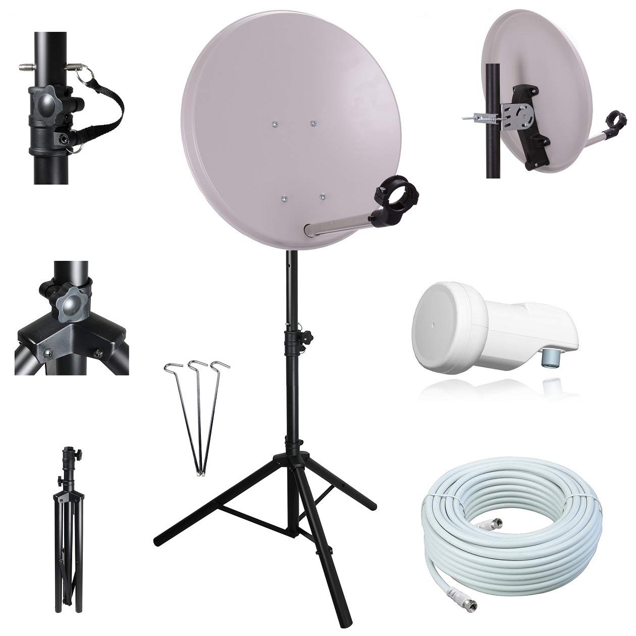 Camping SAT Anlage mit STATIV – 40cm SAT-Spiegel inkl. Single LNB, 10m Koaxialkabel & Dreibein-Stativ – Mobile Satellitenanlage für Camping, Wohnmobil & Caravan – HD Full Sat Schüssel für unterwegs