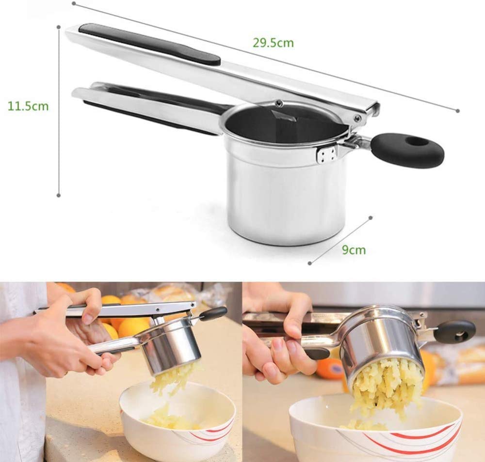 Edelstahl Potato Ricer Professioneller Kartoffelstampfer, Hochleistungs-Obstpresse für Babynahrung, Gemüse, Püree - Rutschfeste Silikongriffe, 3 austauschbare Siebe für Fein, Mittel, Grob, Silber