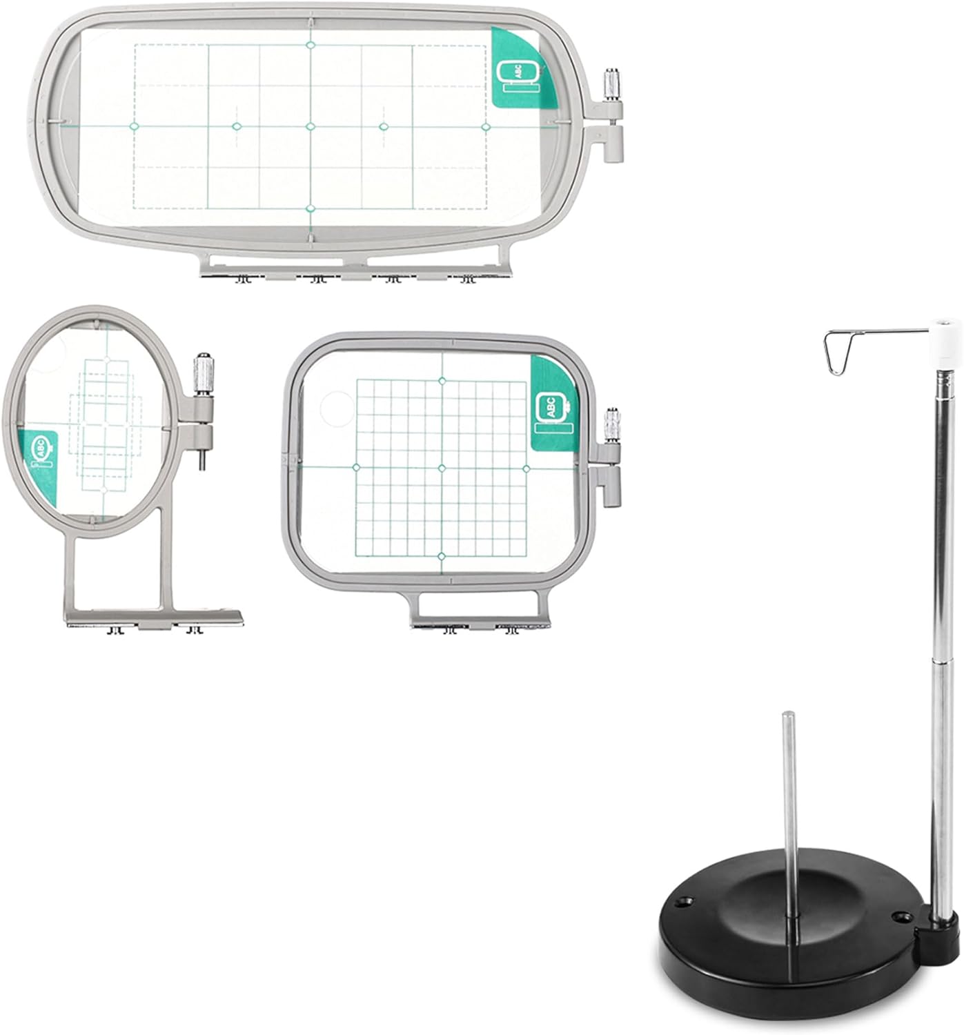 Sew Tech 3in1-A Embroidery Hoops for Brother SE600 PE550D SE700 PE535 SE400 PE525 PE540D PE500 SE625 SE425, and Adjustable Cone Thread Stand Spool Holder for Sewing and Embroidery Machines