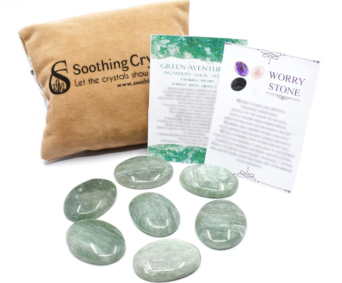 Soothing Crystals Natural Green Aventurine Gemstone Thumb Worry Stone 40 x 30 mm Chakra Healing Pocket Palm Stone Crystals Therapy w/Pouch & Crystal Info Cards