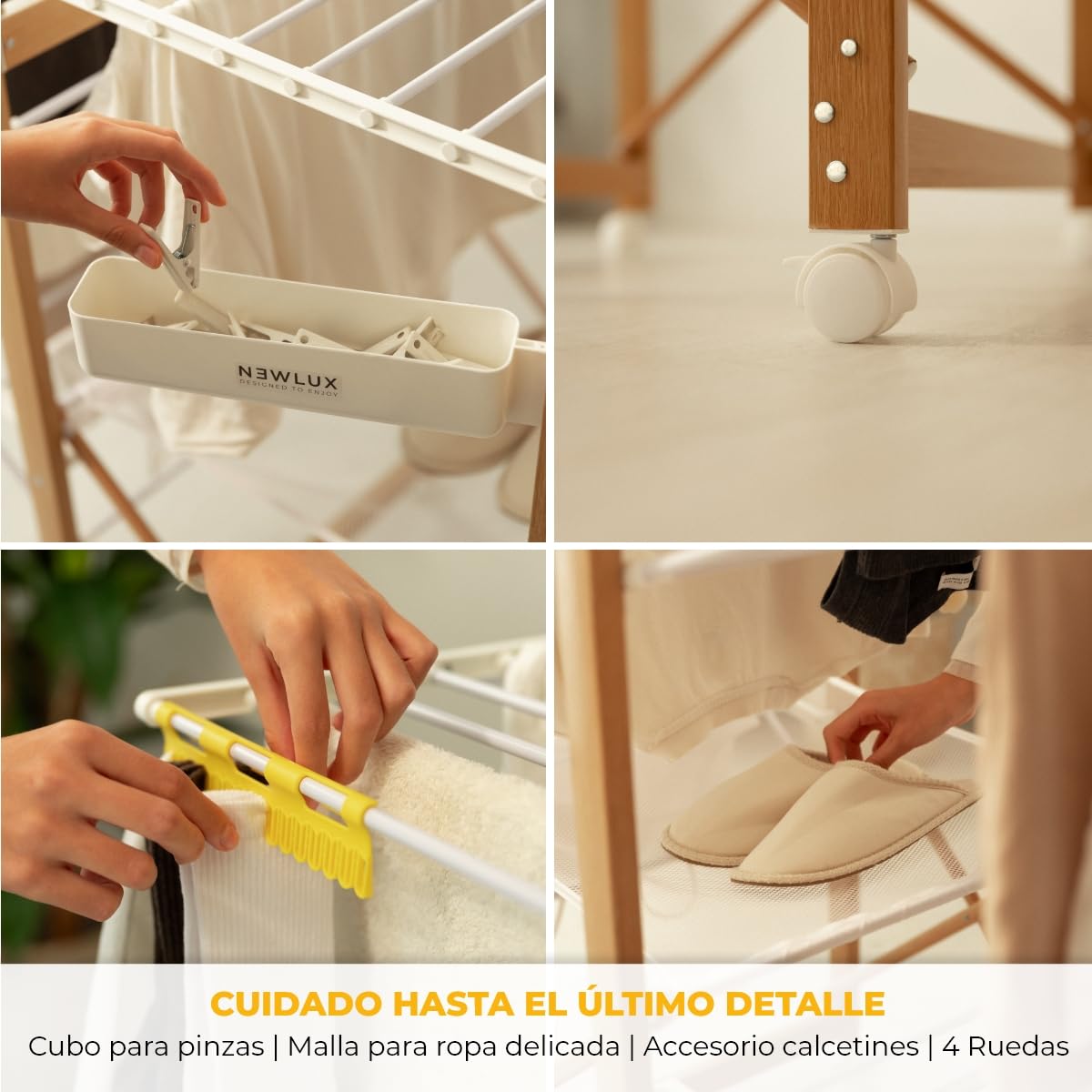 Newlux - Tendedero Plegable con Alas 30m XXL Wood V35, 3 Niveles (176x61x104cm). Tenderete de Ropa Plegable con Ruedas, Accesorio para Ropa Delicada y Pinzas, Ganchos Laterales, Blanco