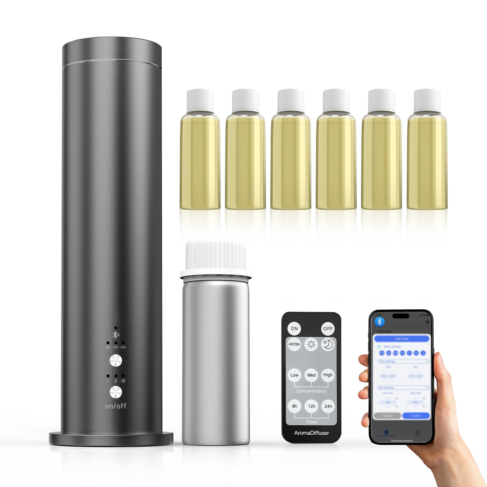 Difusor de aroma sin agua con Bluetooth, máquina difusora de aceites esenciales de 100 ml para el hogar, oficina, spa, difusor de fragancia de aromaterapia con 6 aceites esenciales incluidos, control