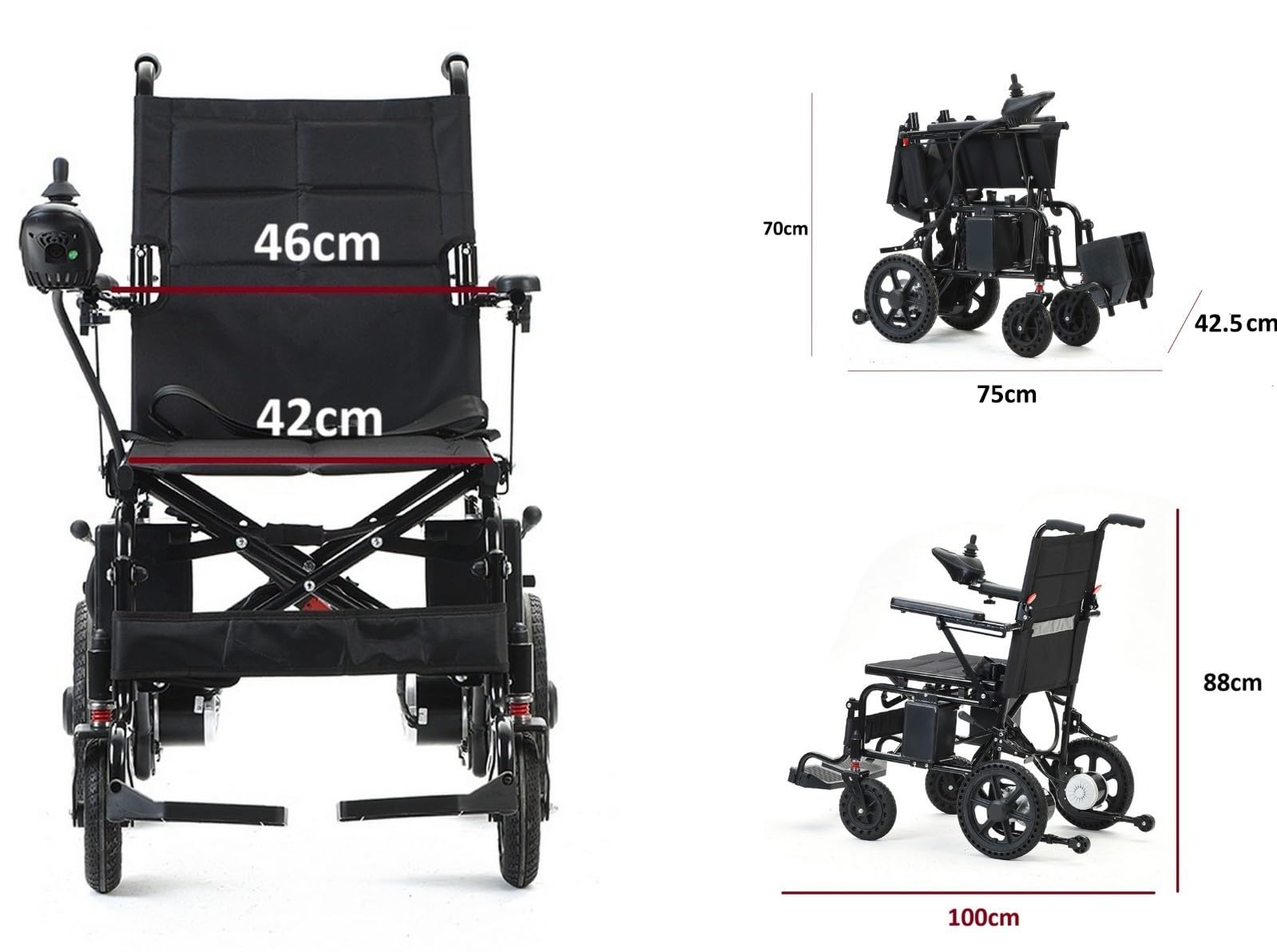 Silla de ruedas eléctrica plegable eléctrica con batería de plomo, motor de 2 x 250 W, 28 kg, ancho del asiento de 42 cm