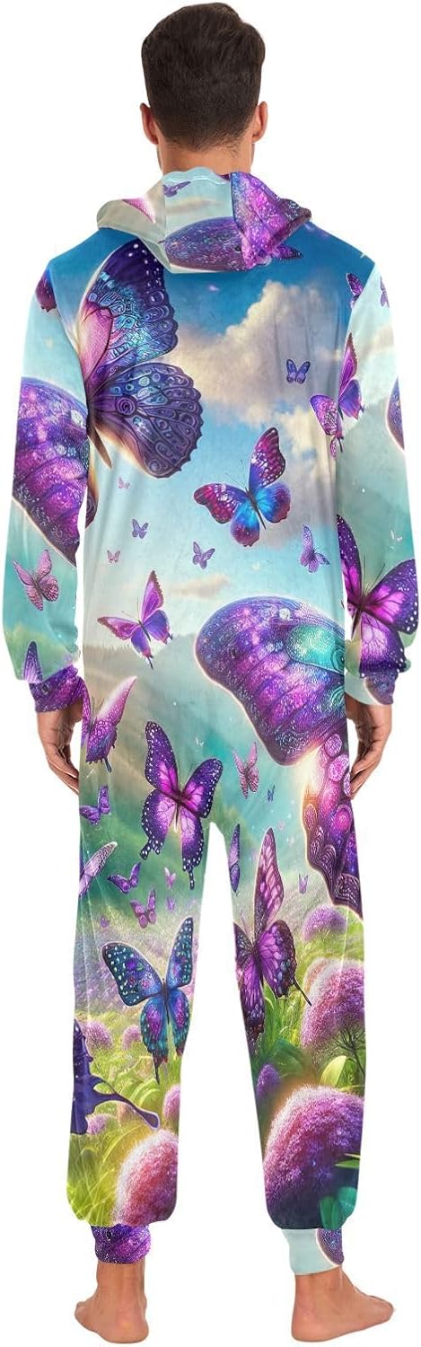 GAIREG Purple Butterflies Adult Womens Pajama Onesie, Plush Men Women Lounge Wear
