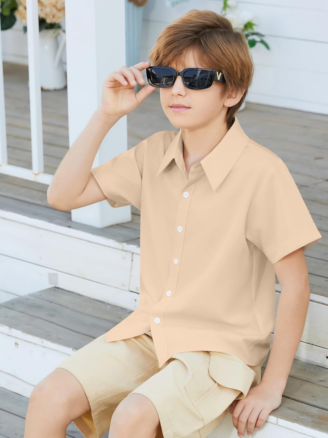 ZDC Boys Button Down Shirts Kids Summer Short Sleeve Uniform Blouse Beach Vacation Tops 5-14 Years - Image 4