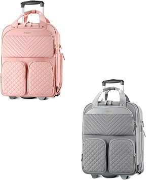 Arcoyard Underseat Carry On Luggage with Wheels, Multiple Compartments Airline Approved Personal Item Bag, Pink & Grey