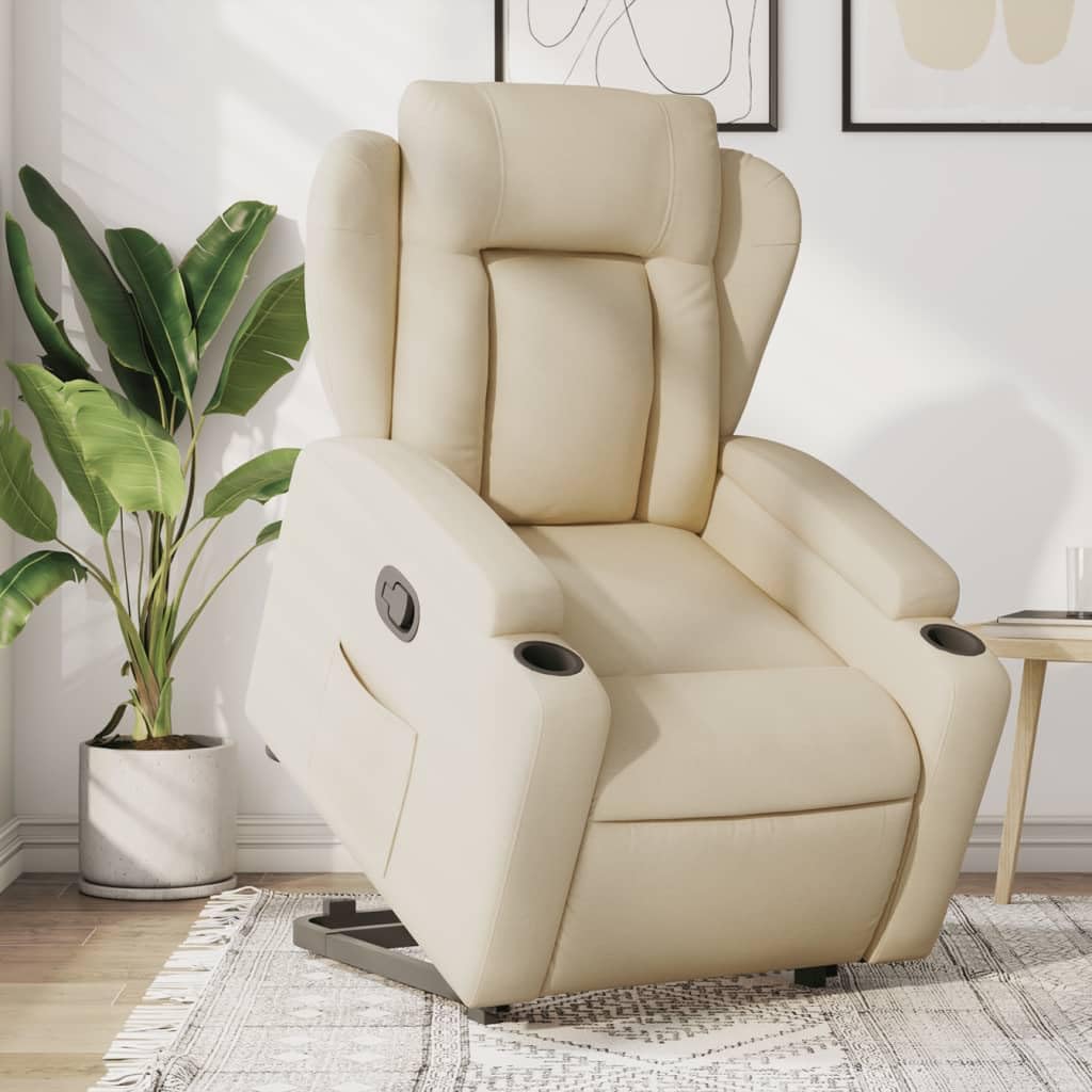 Sillón elevador eléctrico reclinable de tela color crema con elevación automática y respaldo manual, cómodo con portavasos y bolsillo lateral, estructura estable
