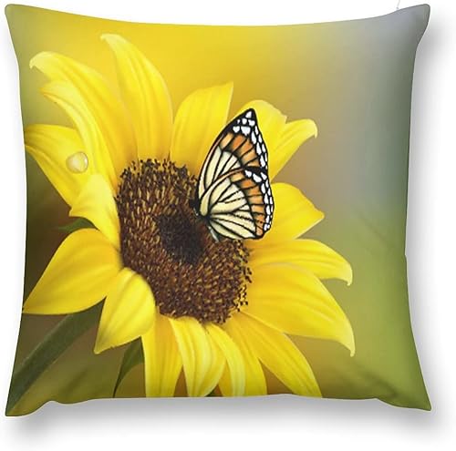 Juego de 1 fundas de almohada suaves para exteriores, diseño de girasol amarillo con mariposa blanca, 20 x 20 pulgadas