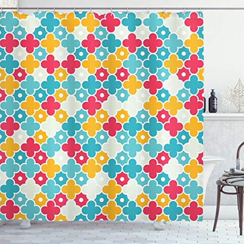 Ambesonne Quatrefoil Shower Curtain, Colorful Petal Clover Leaves Pattern Bohemian Casual Theme, Cloth Fabric Bathroom Decor Set with Hooks, 69