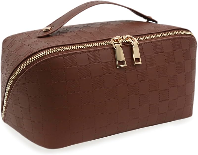 Necessaire de maquiagem JINYIBAGS em couro sintético, marrom 02-Brown, com zíper duplo