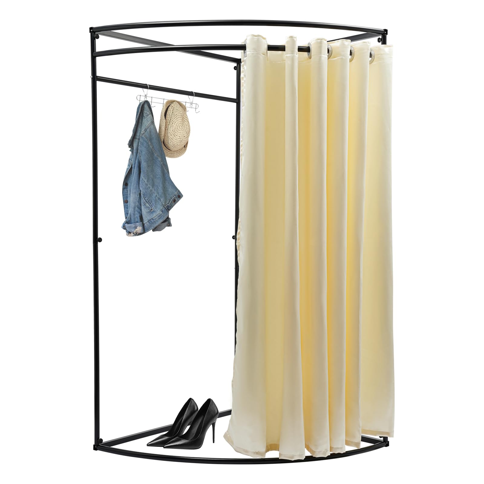 Tapischion Portable Fitting Room, Simple Clothing Store Changing Room Privacy Protection Dressing Room with Hooks, 3.28 * 3.28 * 6.56ft, Fan-Shaped, Space Saving (Beige)
