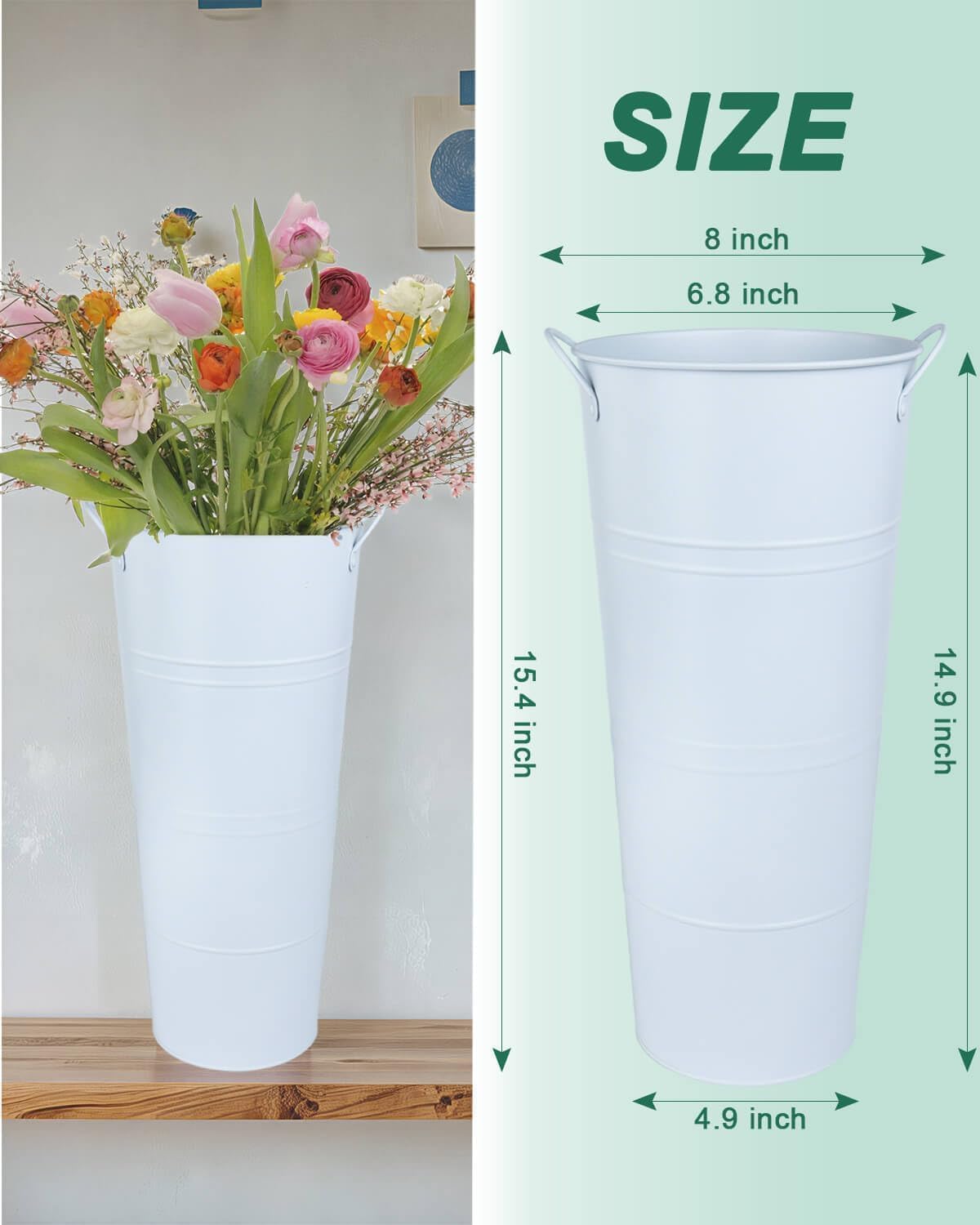 vensovo metal flower bucket vase, 15 inch tall pure white rustic farmhouse centerpiece for spring home decor & wedding, set of 6 pure white 6