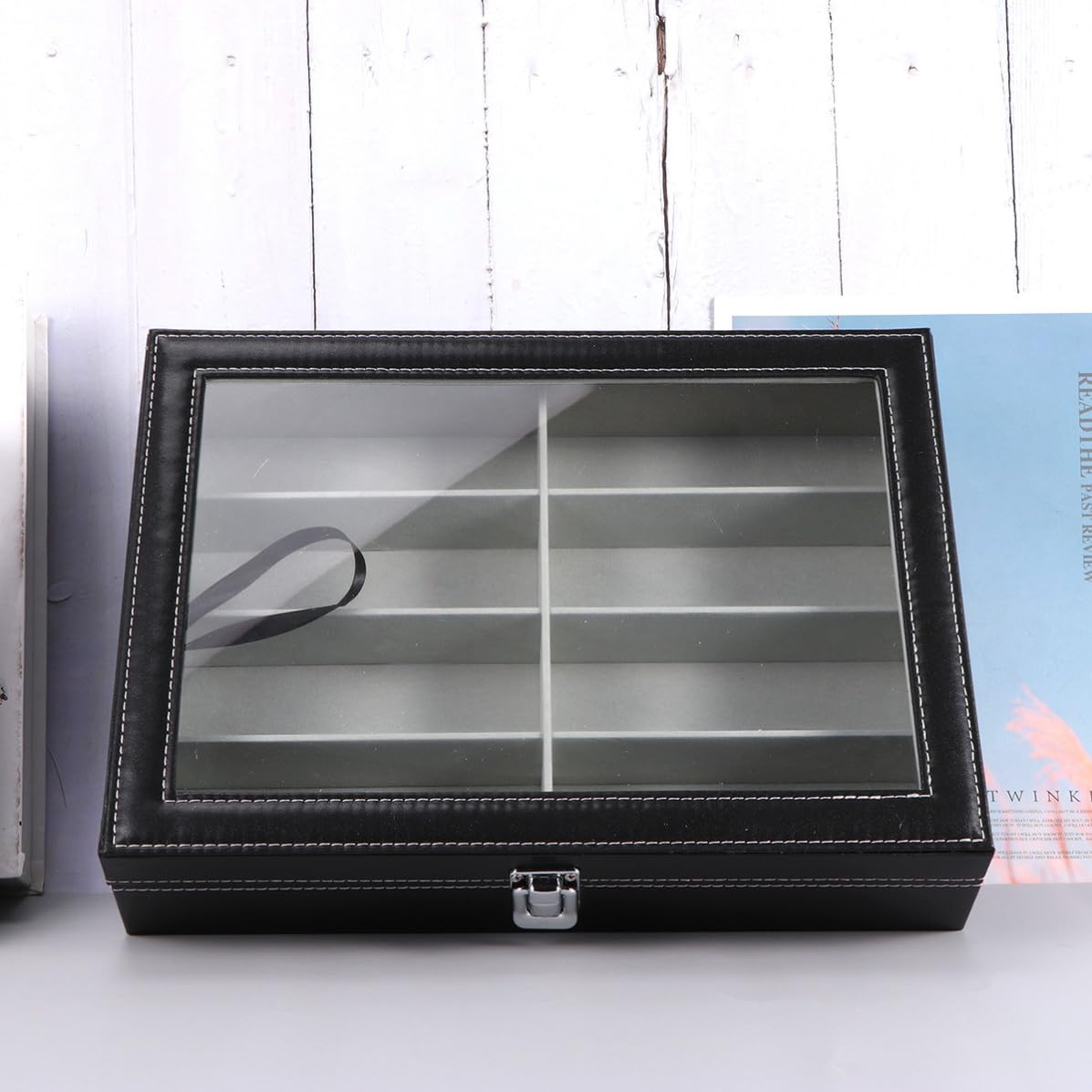 BESPORTBLE Scatola Porta Occhiali da Sole 1 Pz Nero con 8 Scomparti | Pannello in Densità, Pu, Vetro, Flanella e Metallo, Specchio Integrato, per Esposizione e Ordine Domestico