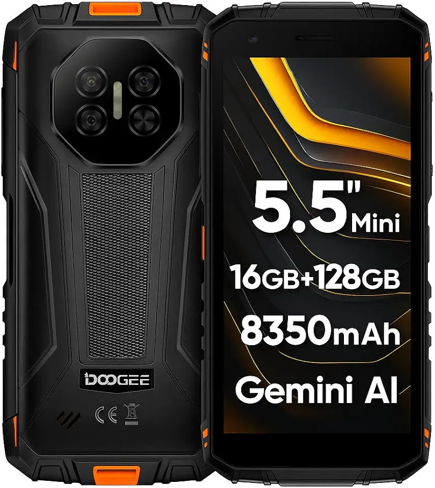 DOOGEE Mini Teléfono Resistente Fire 3 Pro, 5,5" HD+, Cuerpo Compacto+Agarre Fácil, 16GB+128GB, Larga Duración Batería 8350mAh, IA Gemini, Cámara 16MP+8MP, Smartphone Antigolpes IP68, NFC GPS Naranja