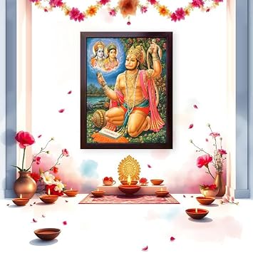 Hanuman Reciting Sita Ram Sita Ram and Lord Ram Giving Blessings, a Holy Hindu Religious Poster Painting with Frame for Worship Purpose