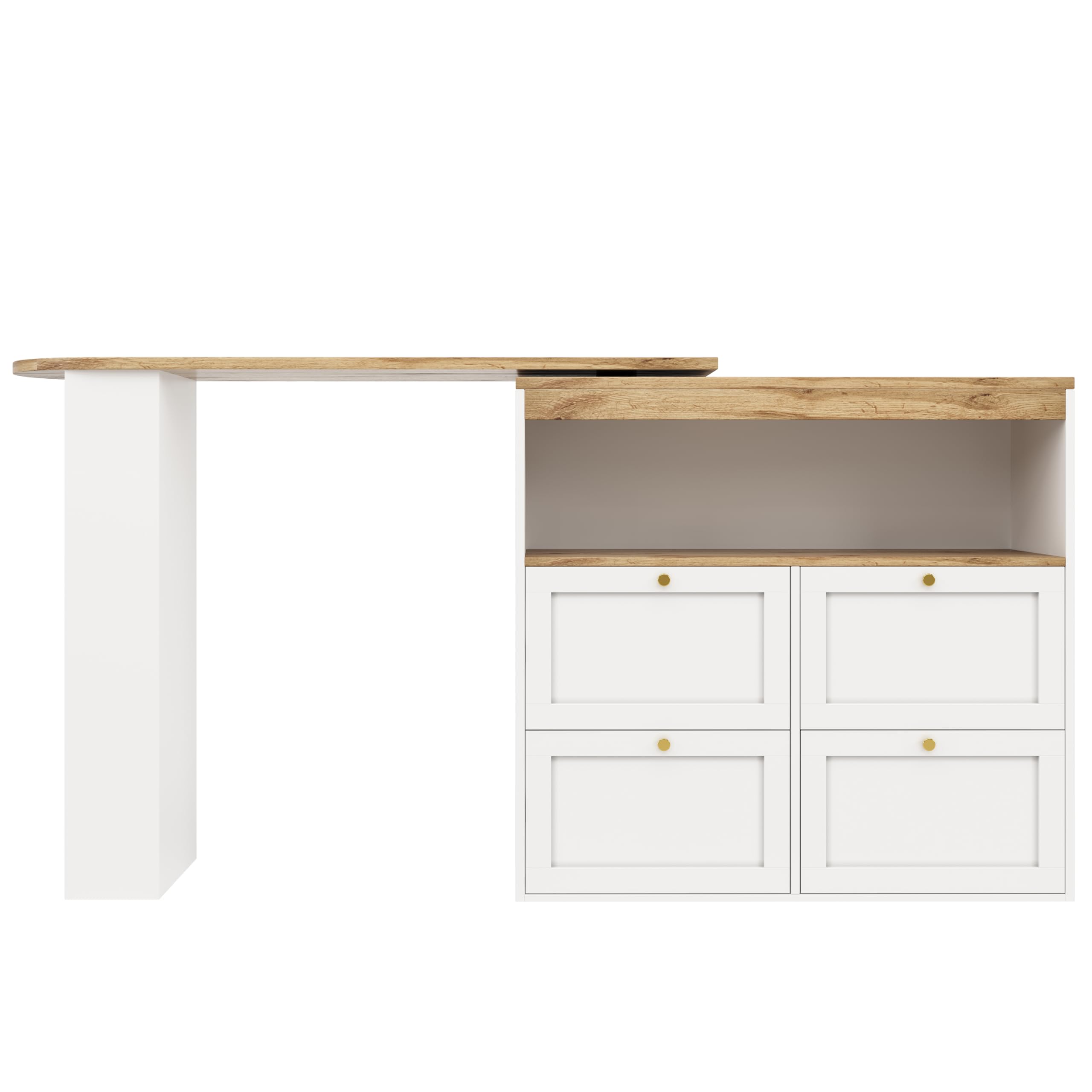 Mesa alta giratoria de 360 ° con 4 cajones y estantes abiertos, adecuada para comedor/estudio/sala de estar, color blanco (blanco-1)