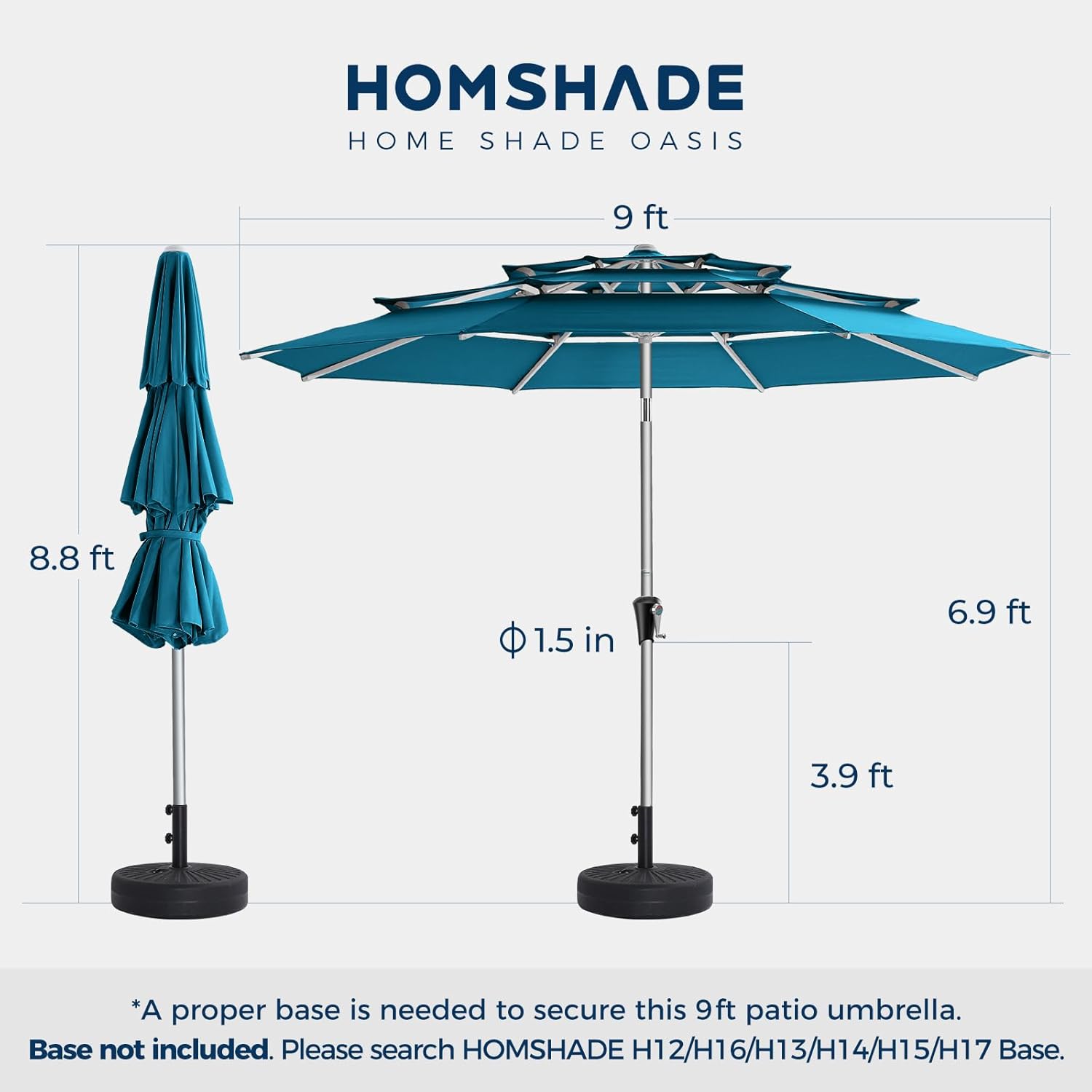 HOMSHADE 9ft Aluminum Patio Umbrella - 3 Tiers Vented Outdoor Commercial Market Table Umbrella, Heavy Duty Wind Proof Deck Pool Umbrellas UPF50+ UV Protection 5-Year Fade Resistant (Peacock Blue)