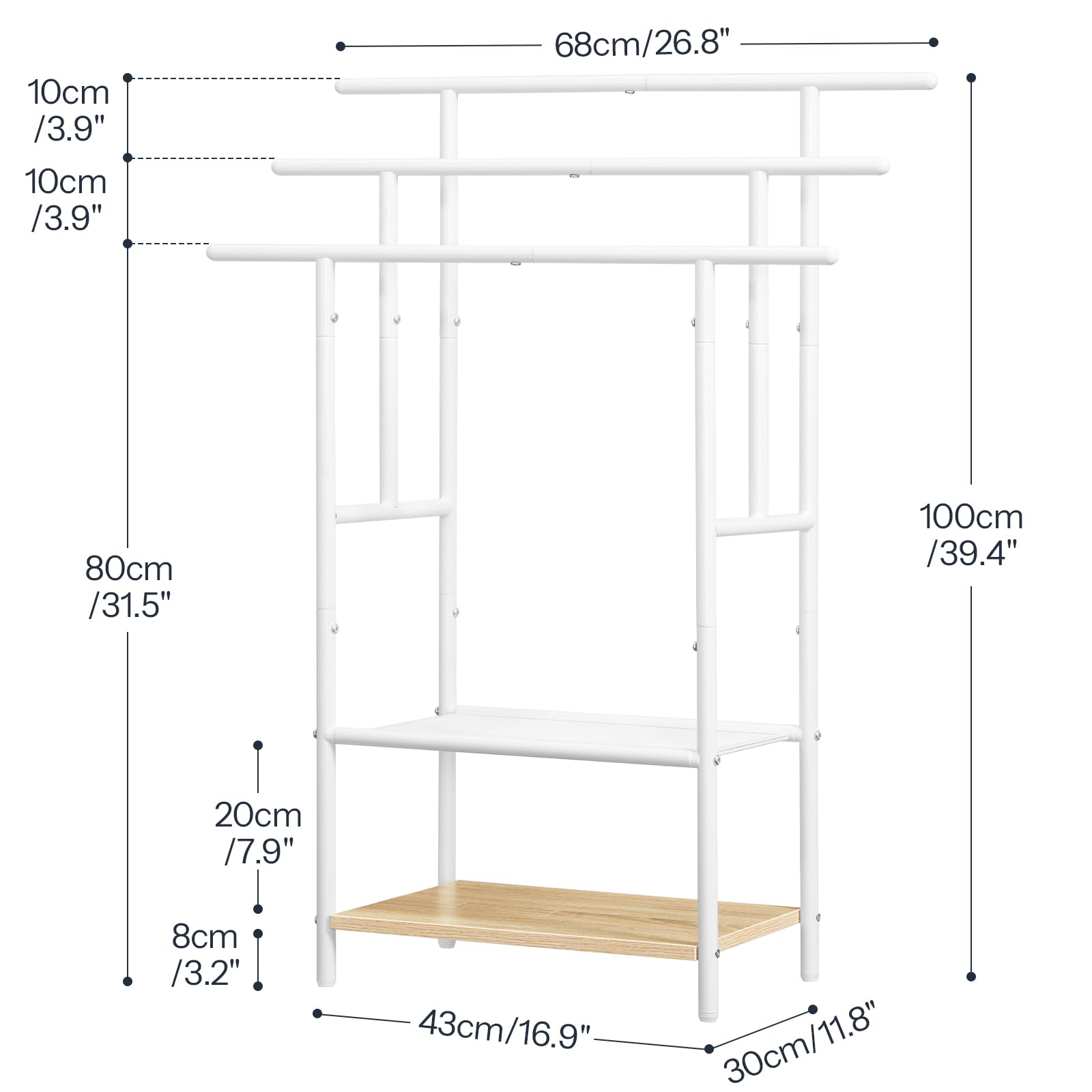 HOOBRO Porte-Serviettes sur Pieds avec 3 Barres, Support Salle de Bain, Blanc et Bois EWN05LB01