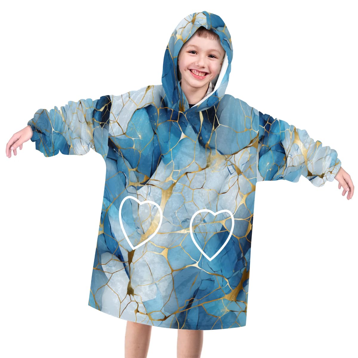 Pardick Wearable Blanket Hoodie for Kids, Gold Cyan Marble Fleece Sweatshirt Blanket Oversized Blanket Sweatshirt with Pocket Flannel Warm Hooded Blanket 6-10 Year Old Girl Boy Gift, One Size