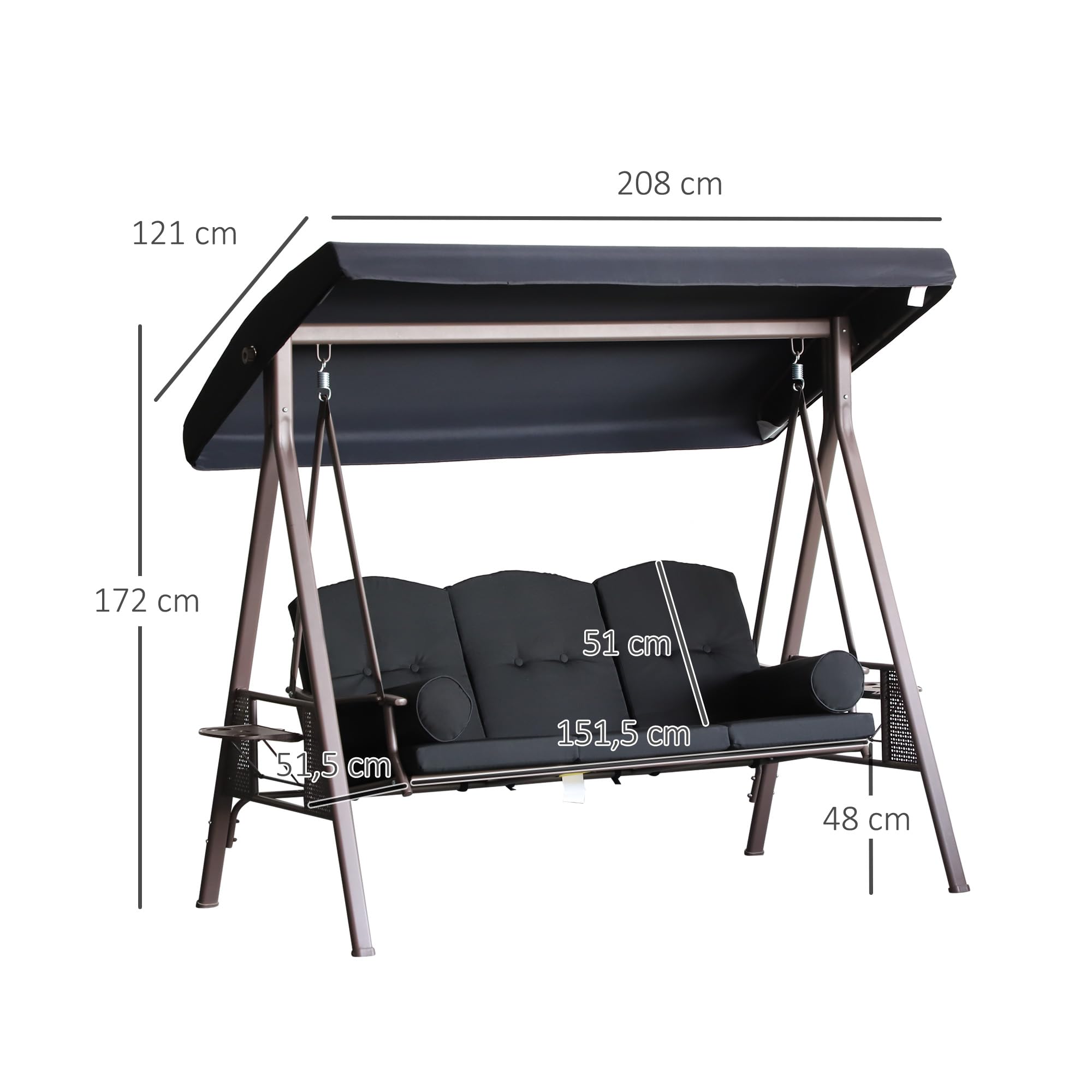 Outsunny Columpio de Jardín Exterior de 3 Plazas Balancín de Jardín Exterior con Toldo Ajustable Bandejas Laterales 2 Almohadas y Marco de Metal Carga 360 kg 208x121x172 cm Negro