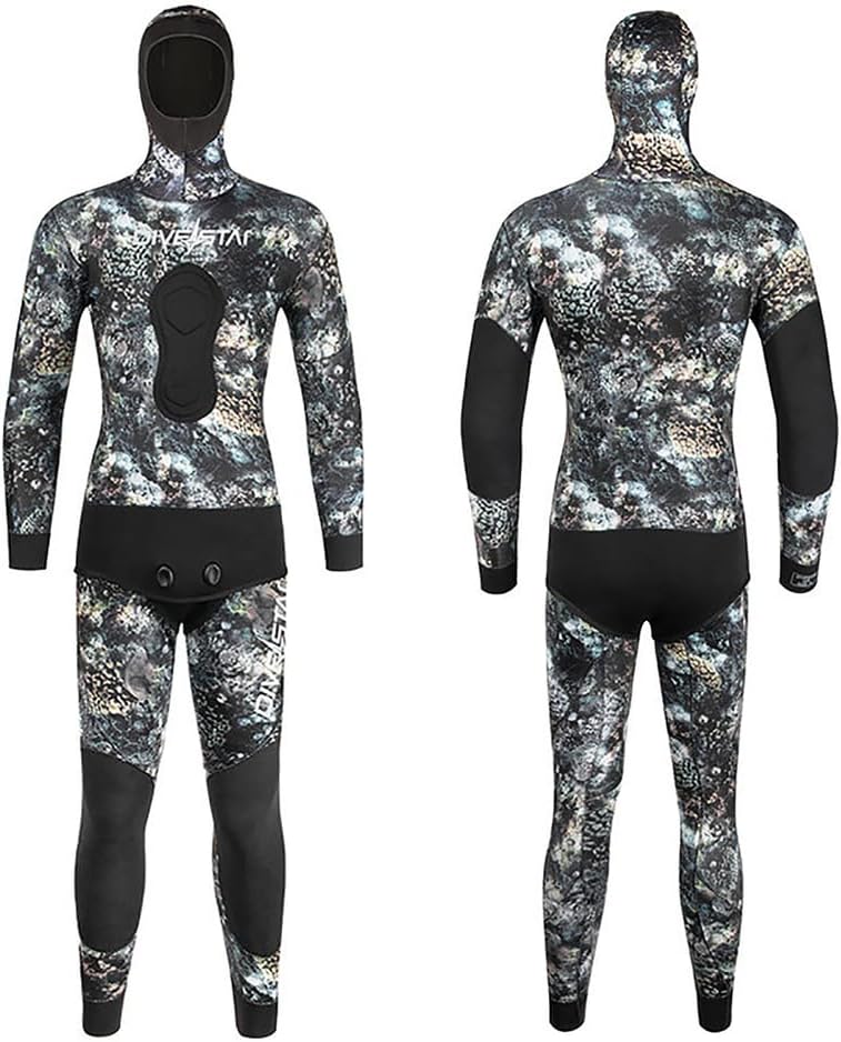 WYYHAA 7Mm Neoprene Spearfishing Wetsuits for Men, Camouflage Diving Suit Split with Hooded, Loading Chest Pad for Cool Water Freediving Snorkeling Scuba