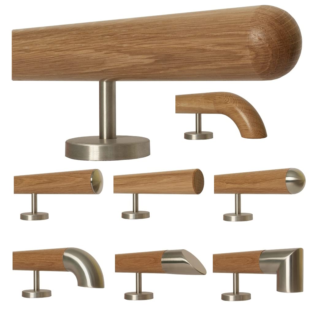 TIBU Eiche Holz Handlauf Geländer 0,3m - 6m, Länge 80 cm, Ende Halbkugel gefräst und 2 gerade Halter