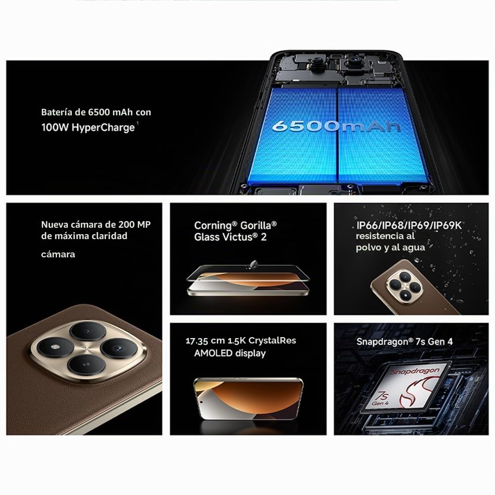 XIAOMI Redmi Note 15 Pro+ 5G Móvil,12GB RAM 256GB,Cámara 200MP Ultra Nítida,Pantalla AMOLED 6.83 Pulgadas 1.5K,Procesador Snapdragon 7s Gen4,Batería 6500mAh,NFC,Cargador Incluido (Negro)