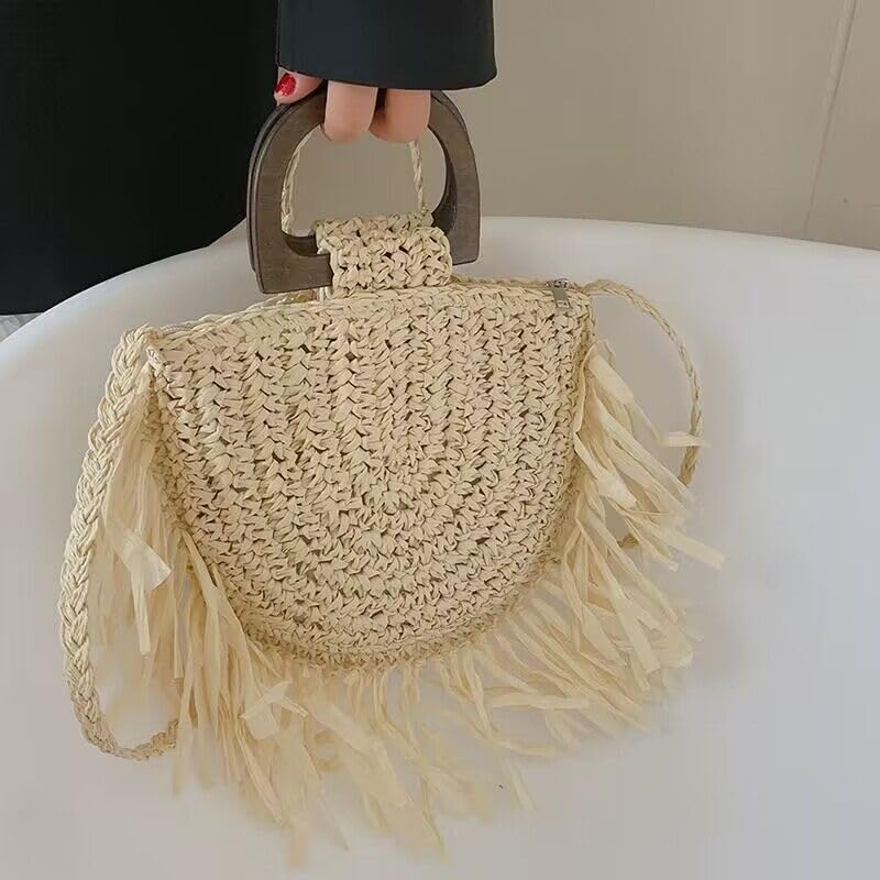 Straw Woven Tassel Handbag Crossbody Bag Wooden Top Handle Beach Vacation Versatile Chic Bohemian Summer Clutch Hobo Totes2