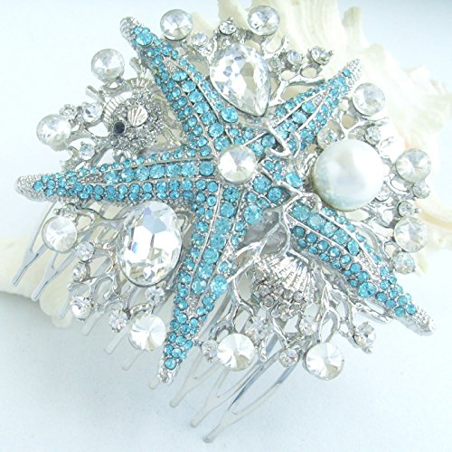 Sindary Wedding Headpiece 3.15" Pearl Rhinestone Crystal Bridal Starfish Hair Comb Hz6412 (Silver-Tone Blue) #TOP2