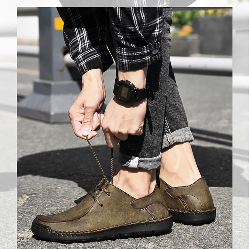 Men’s Hand Stitching Lace-up Flats Loafers Leather Casual Slip-Ons Outdoor Lightweight Vintage Non Slip Work Dress Driving Walking Shoes2