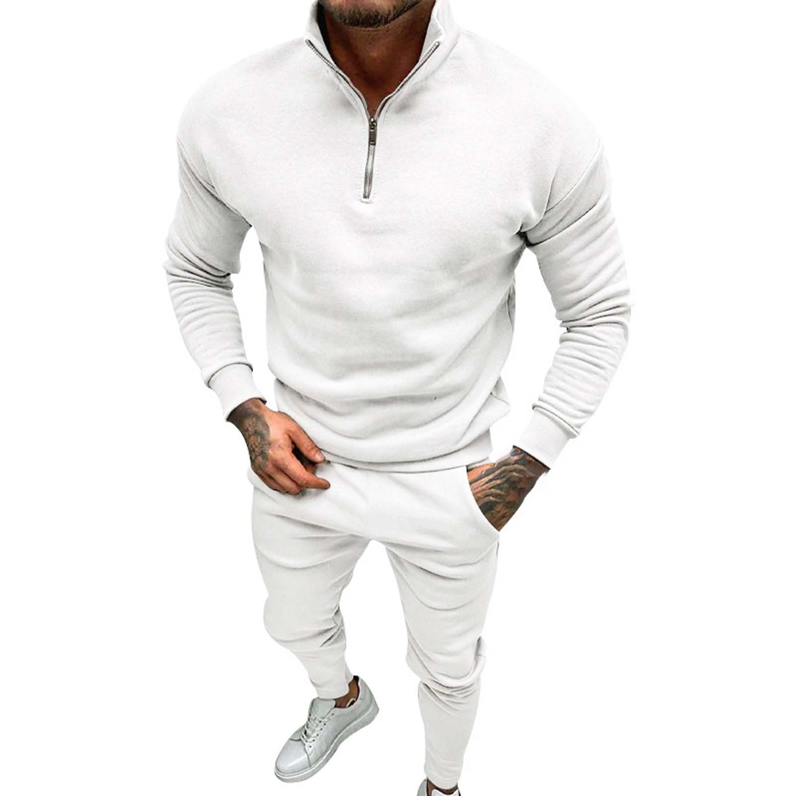 Męski dres treningowy z zamkiem do połowy, 2-częściowy, bluza i joggery, beżowa odzież domowa z wysokim dekoltem, strój dla mężczyzn, miękka bawełniana odzież sportowa, dopasowany krój, wygodny dres