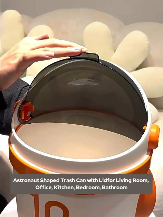 Image of Sylfaen Astronaut Shaped Trash Can with Lid, 12 Liter / 3.2 Gallon Garbage Can for Living Room, Office, Kitchen, Bedroom, Bathroom (Khaki)