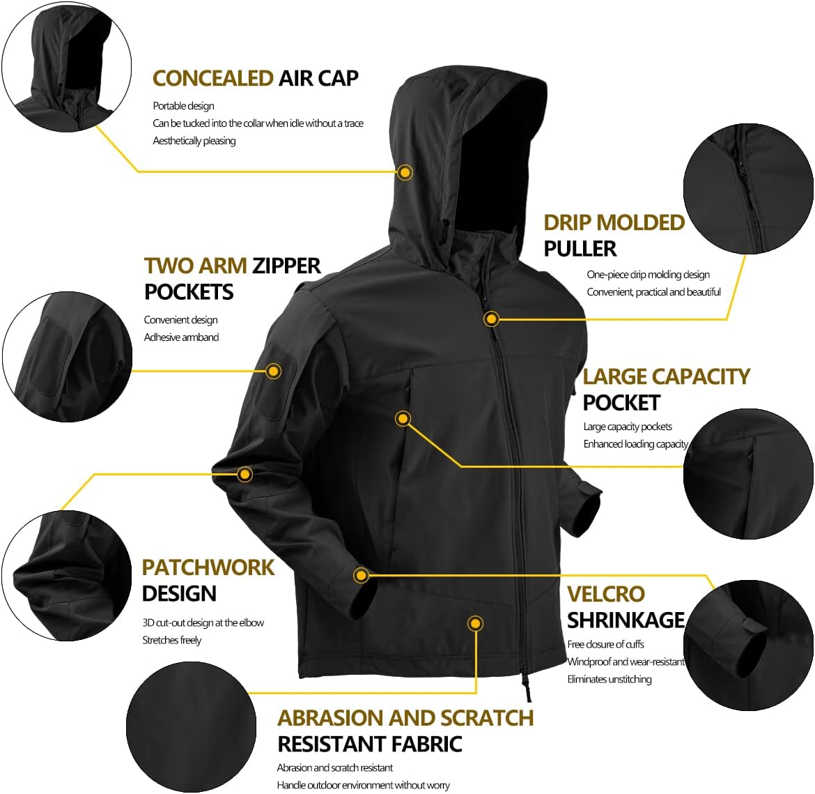HAN·WILD Men's Tactical Jacket Lightweight Windbreaker Spring Combat Soft Shell with Hooded Military Outdoor Coats