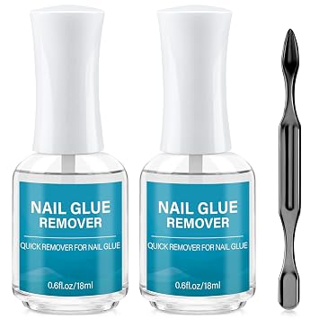 Nail Glue Remover with Cuticle Pusher for Press on Nail,Glue Off for Nail Tips Acrylic Nails Fake Nails,0.68fl.oz. 2pack