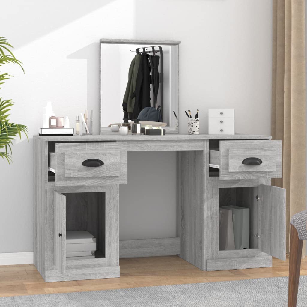 Tocador con espejo gris Sonoma de madera, 130 x 50 x 132,5 cm, con cajón, taburete, iluminación LED y espacio de almacenamiento para dormitorio o habitación de niña
