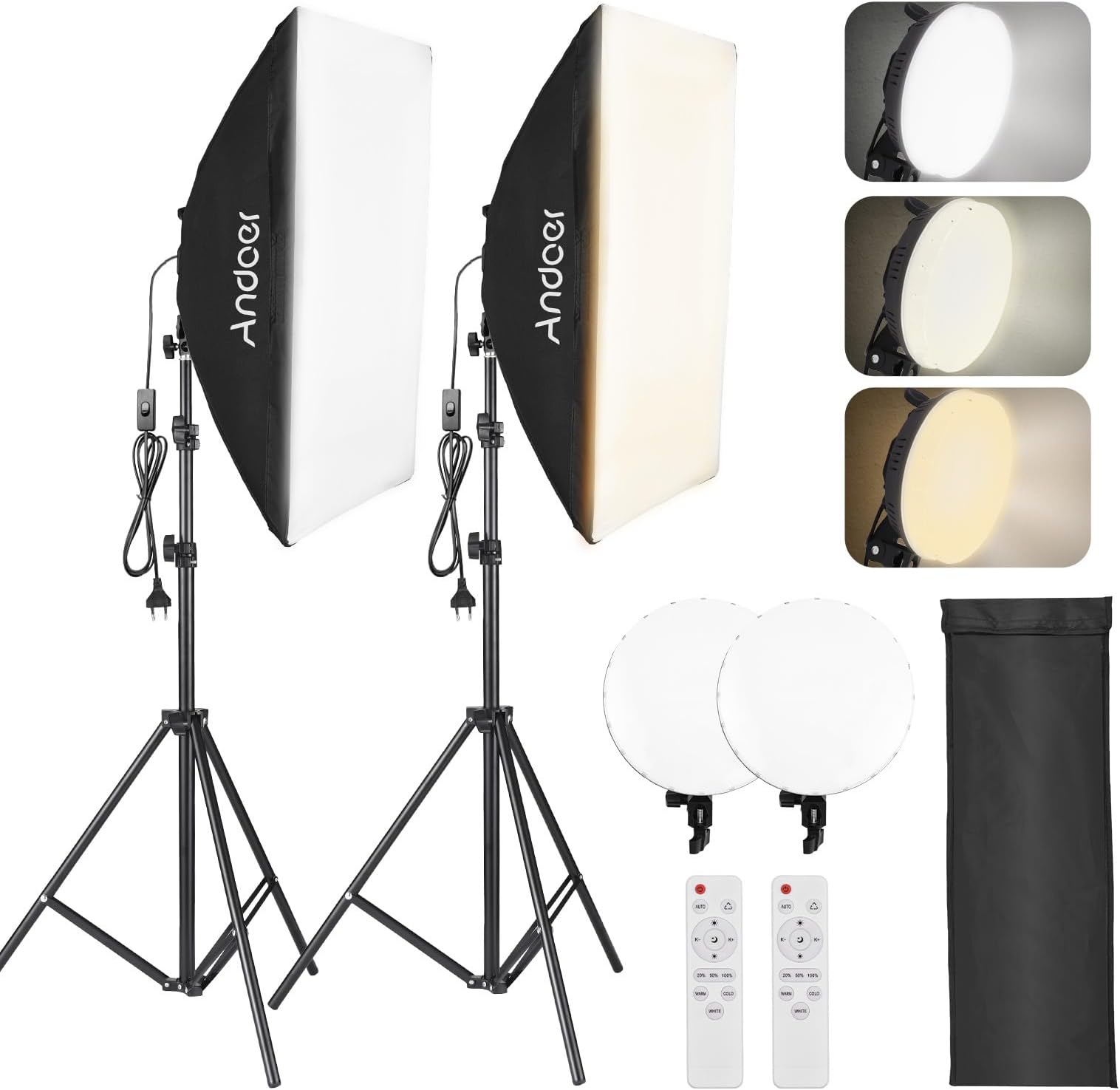 Softbox Set Photo Studio, Softbox Light 2 x 50 x 70 cm with 2 x 80 W Two-Colour LED Video Light, 2 x Light Stands, 2 x Remote Control for Studio Portrait Product Photography, Live Streaming