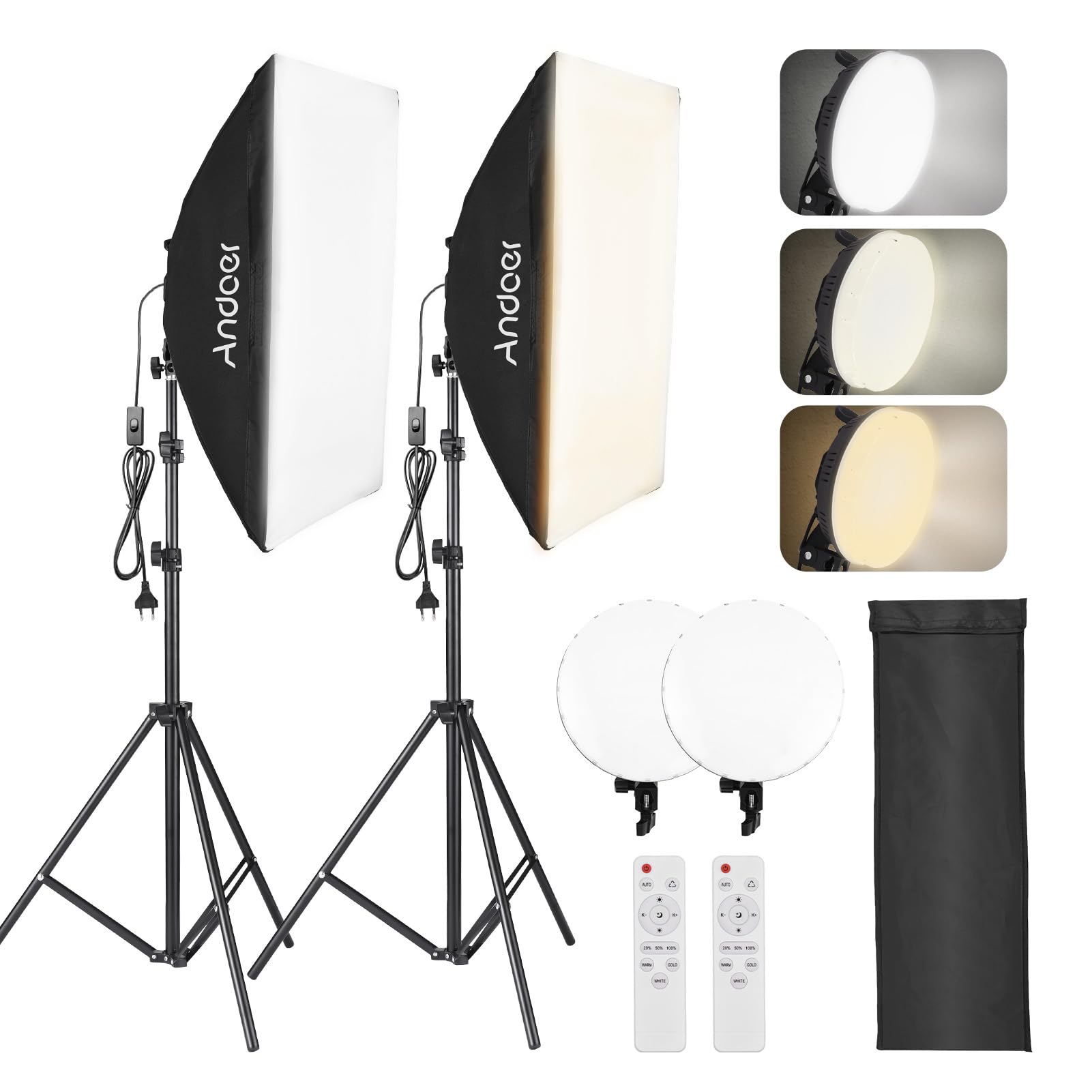 Andoer Softbox zestaw do studia fotograficznego, oświetlenie softbox 2 x 50 x 70 cm z 2 x 80 W, dwukolorowe światło wideo LED, 2 x statyw świetlny, 2 x pilot zdalnego sterowania do fotografii