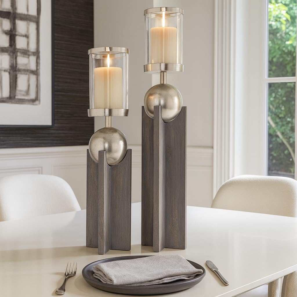Decorative Glass Pillar Candle Holders with Wood Base - Home Decor Accent for Table Centerpiece, Mantel Display, or Bedroom - Elegant Candle Stands for Living Room Decor Set of 2-19", 15" Gray