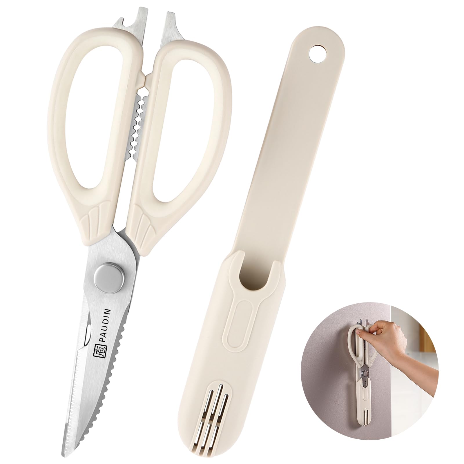 PAUDIN Kitchen Scissors Stainless Steel Magnetic Case Dishwasher Safe White