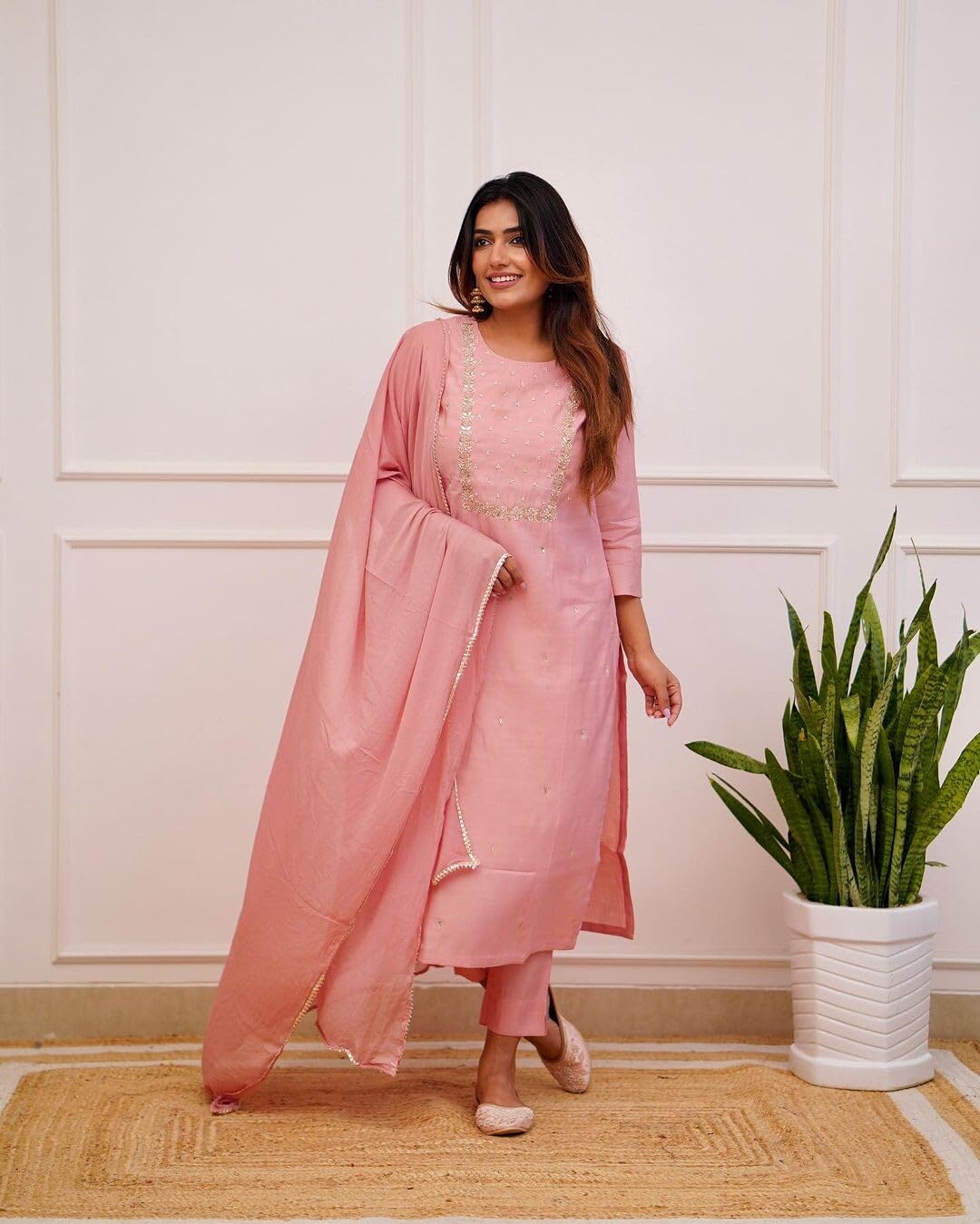 Shiv Textiles Women's Chanderi Silk Embroidered Kurta Pant Dupatta Set(Jda-Pragati-Lightpink-Xl)