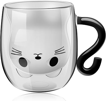 Cute Cat Mugs Double Wall Insulated Glass Coffee Tea Cups with Handle, 250-300ml Espresso Shot GlasS Temperature Resistant Glass Milk Kawaii Cup for Cat Lovers Women Mum Girl Birthday Holiday