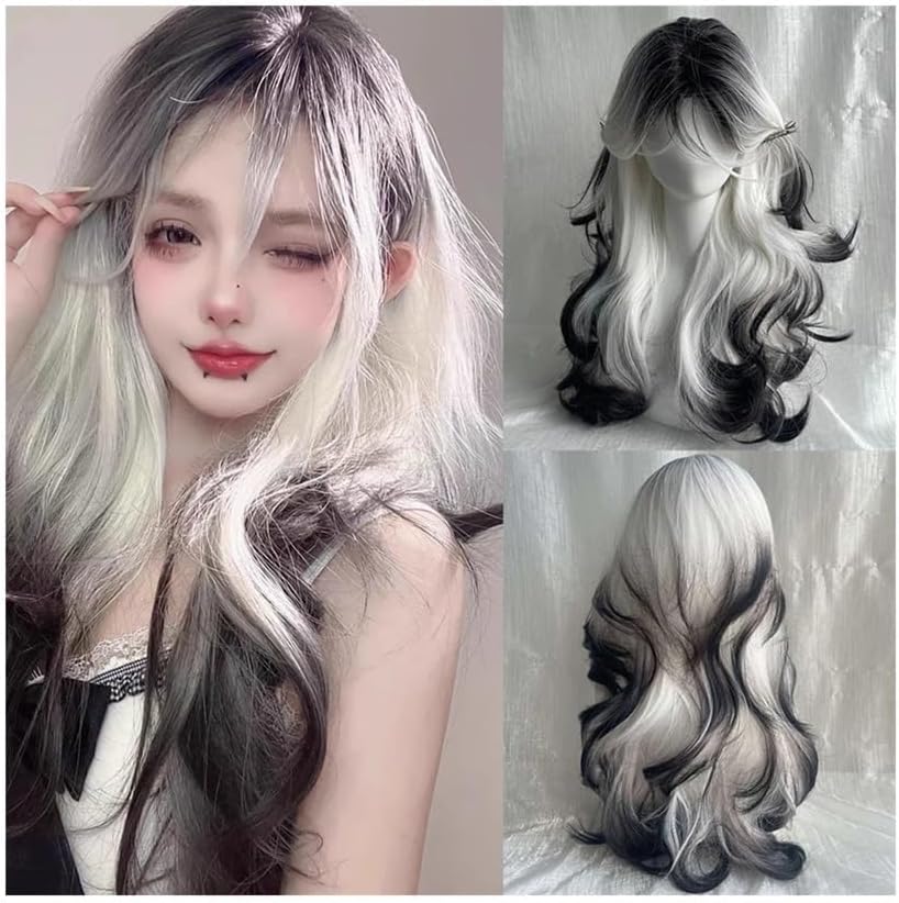 ウィッグ ブラックオンブルホワイト合成ロングウェーブウィッグミドルパートふわふわコスプレウィッグパーティー用女性用 レースウィッグ