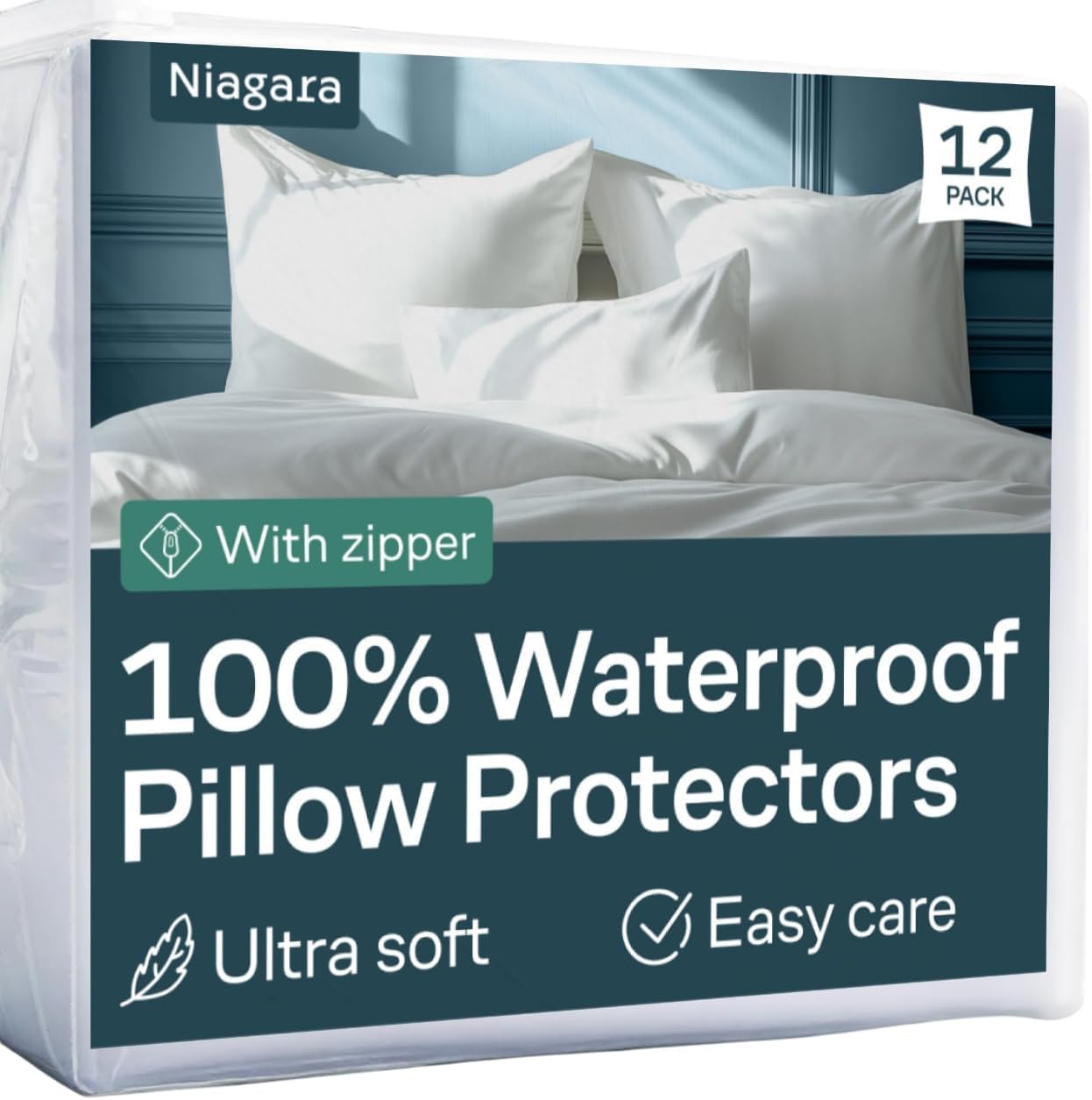 Niagara 12 Pack Waterproof Pillow Protectors Standard 20x26 Inches Smooth Zipper Premium Encasement Covers Quiet Cases Set White