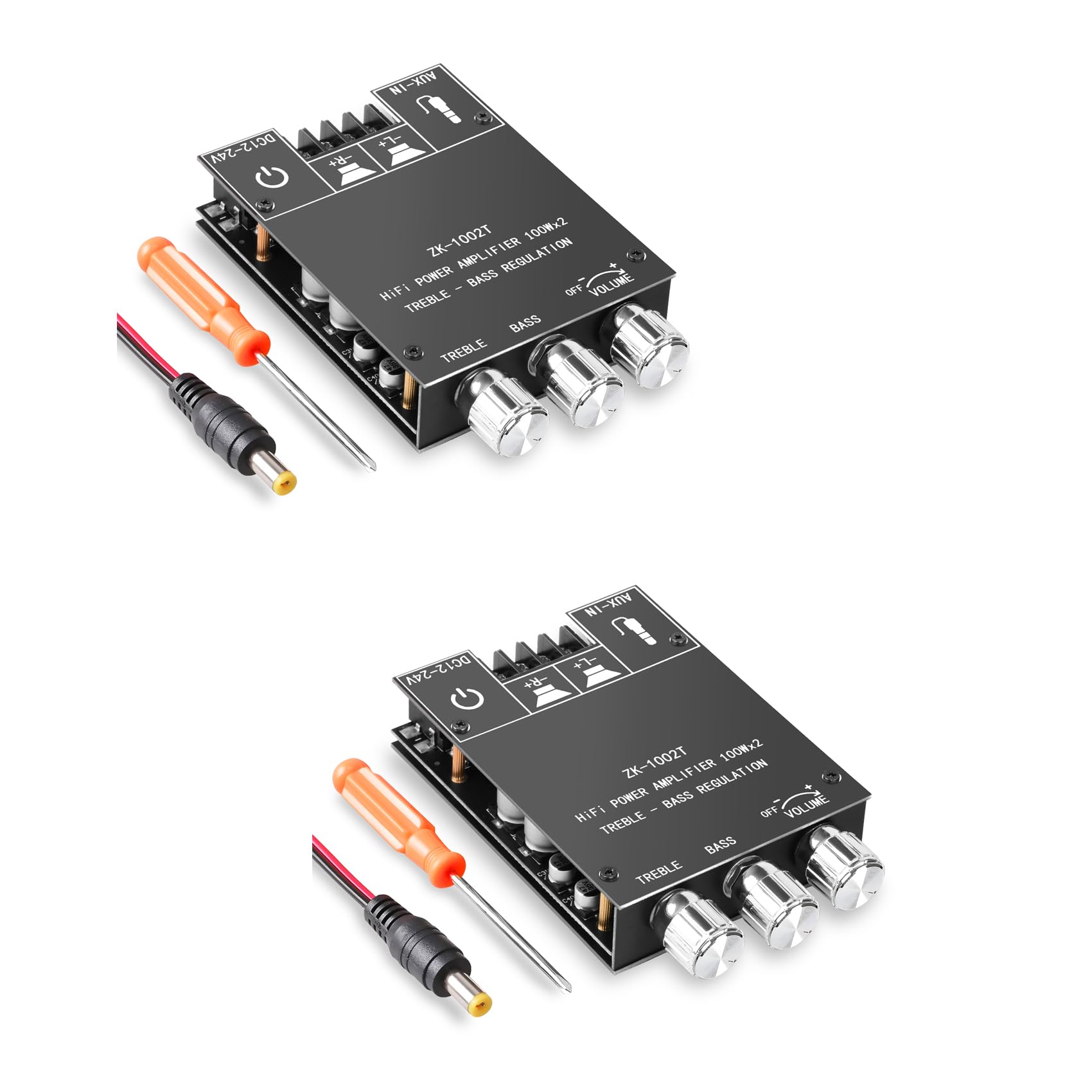 Daakro ZK-1002T Bluetooth Amplifier Board,100W+100W 2.0 Channel Amp Board w/Treble/Bass Control,DC 12-24V, BT/AUX Inputs,Audio Amp Board for Home DIY Wireless Speakers,Password Free (2PCS ZK-1002T)