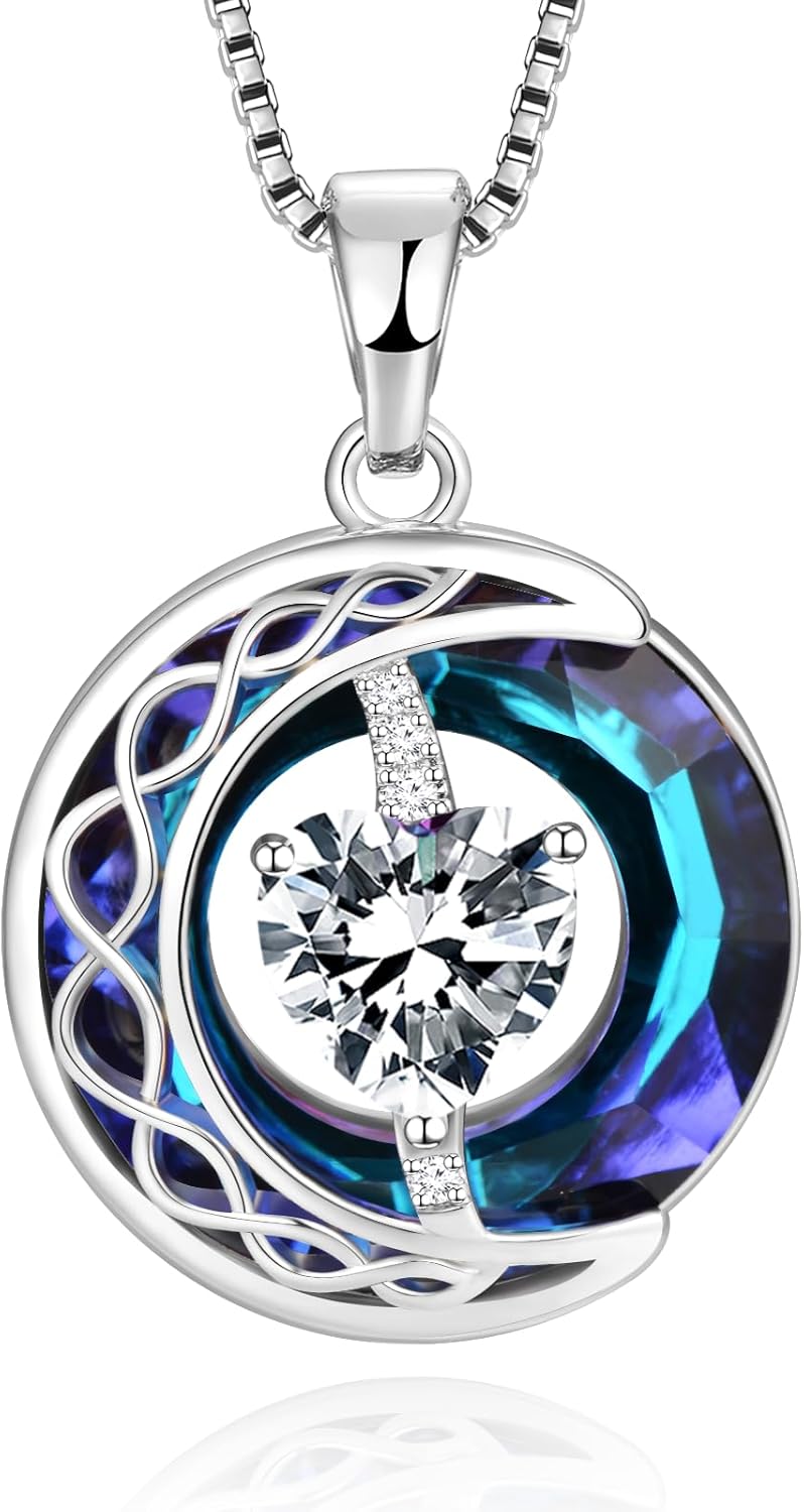 LIANYU Necklace for Women Blue Sapphire Necklace Moon Pendant S925 Sterling Silver Crystal Pendant Gifts for Wife Gifts Birthday Valentine’s Day Anniversary Mothers Day