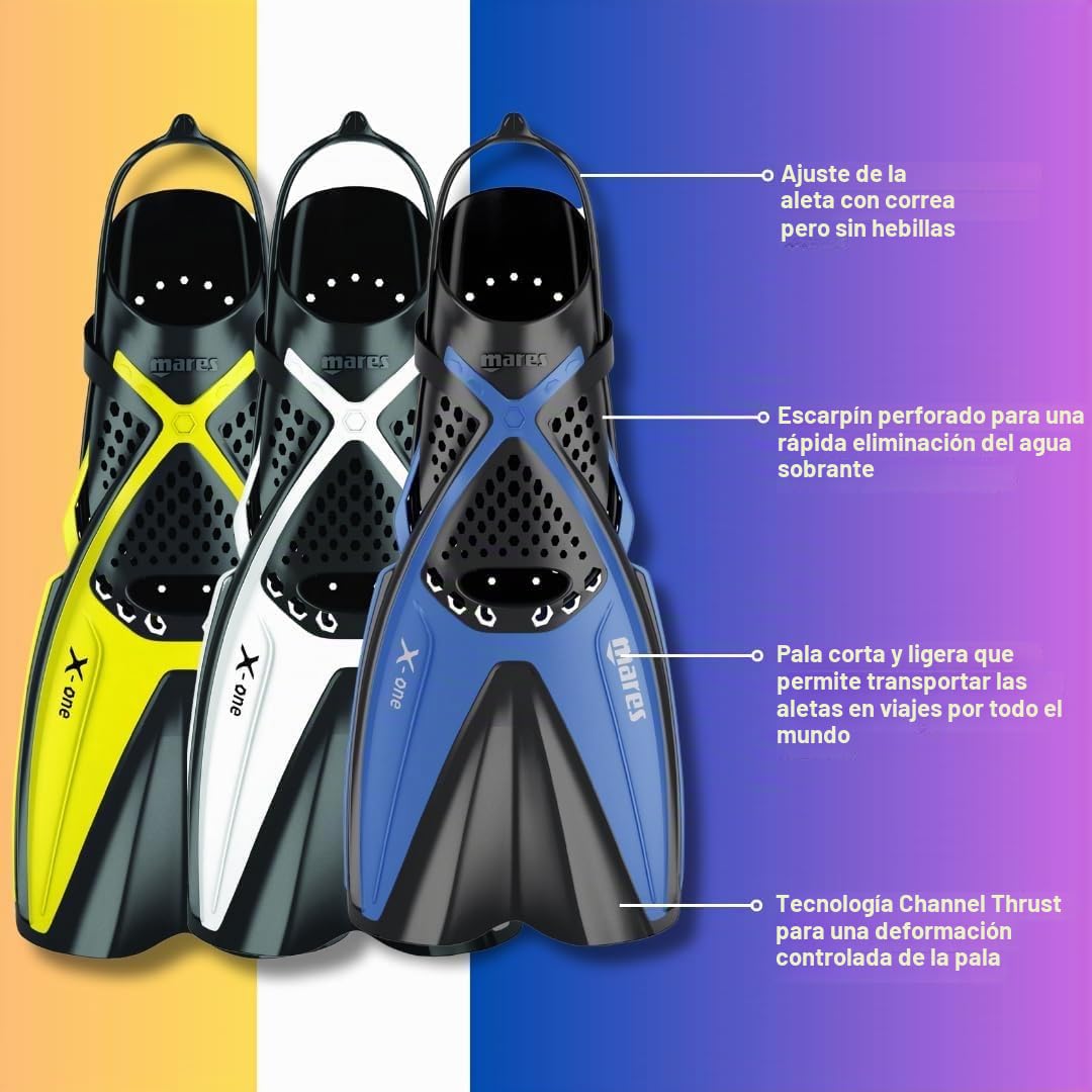 Mares X-One – Aletas de Buceo Cortas Ligeras con talón Abierto, Bolsillo Perforado, tecnología Channel Thrust, Ideales para Viajar y Snorkel Tropical